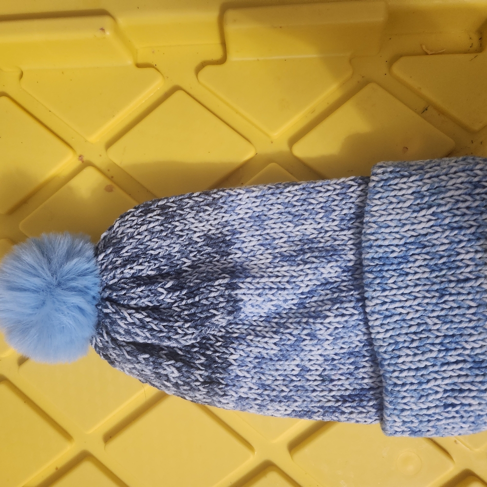 New! Hand Knitted Blue and Gray Knit Pom-Pom Beanie